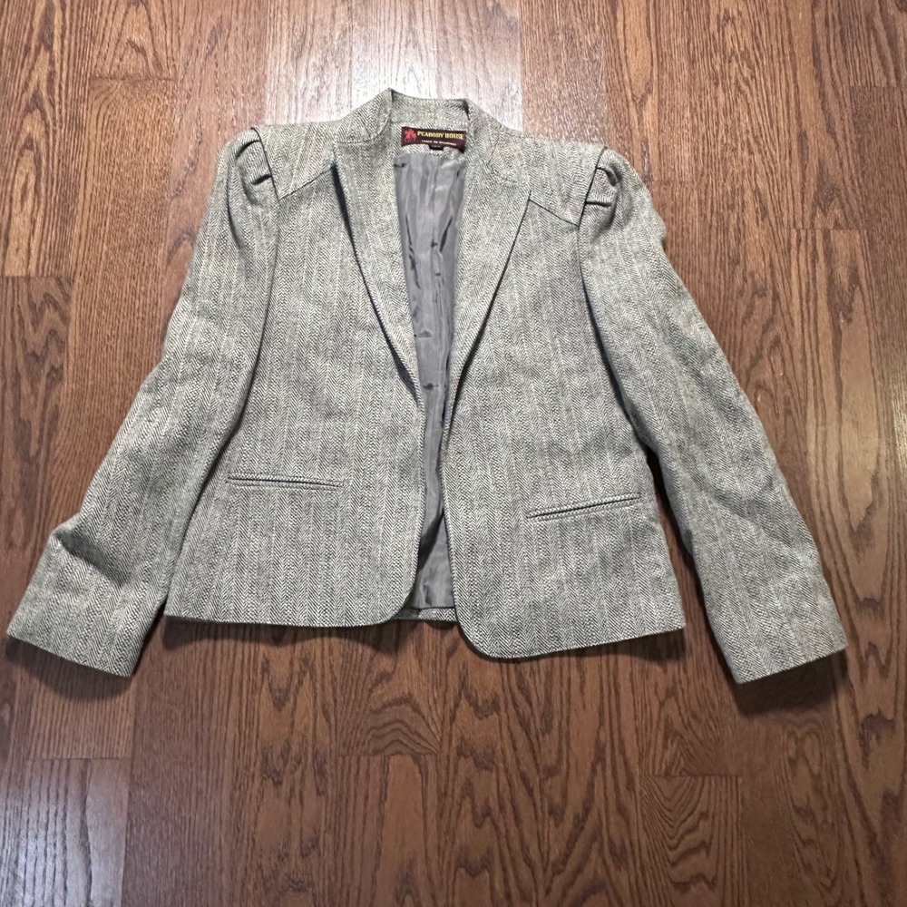 Peabody House Vintage Herringbone Blazer Grey Wool Blend Puff Shoulder 11/12